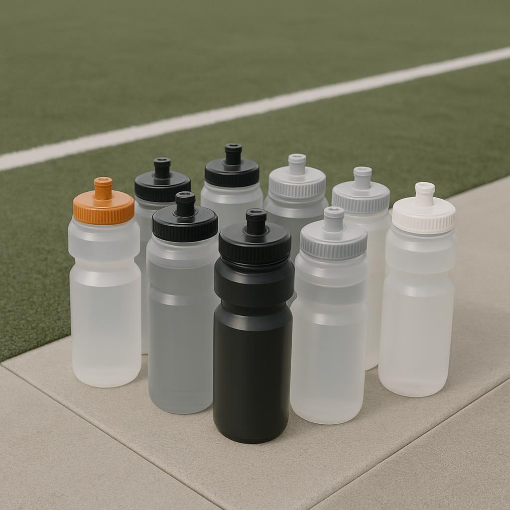 A collection of plastic water bottles. A group of plastic water bottles of varying sizes and colors, featuring capped spou...