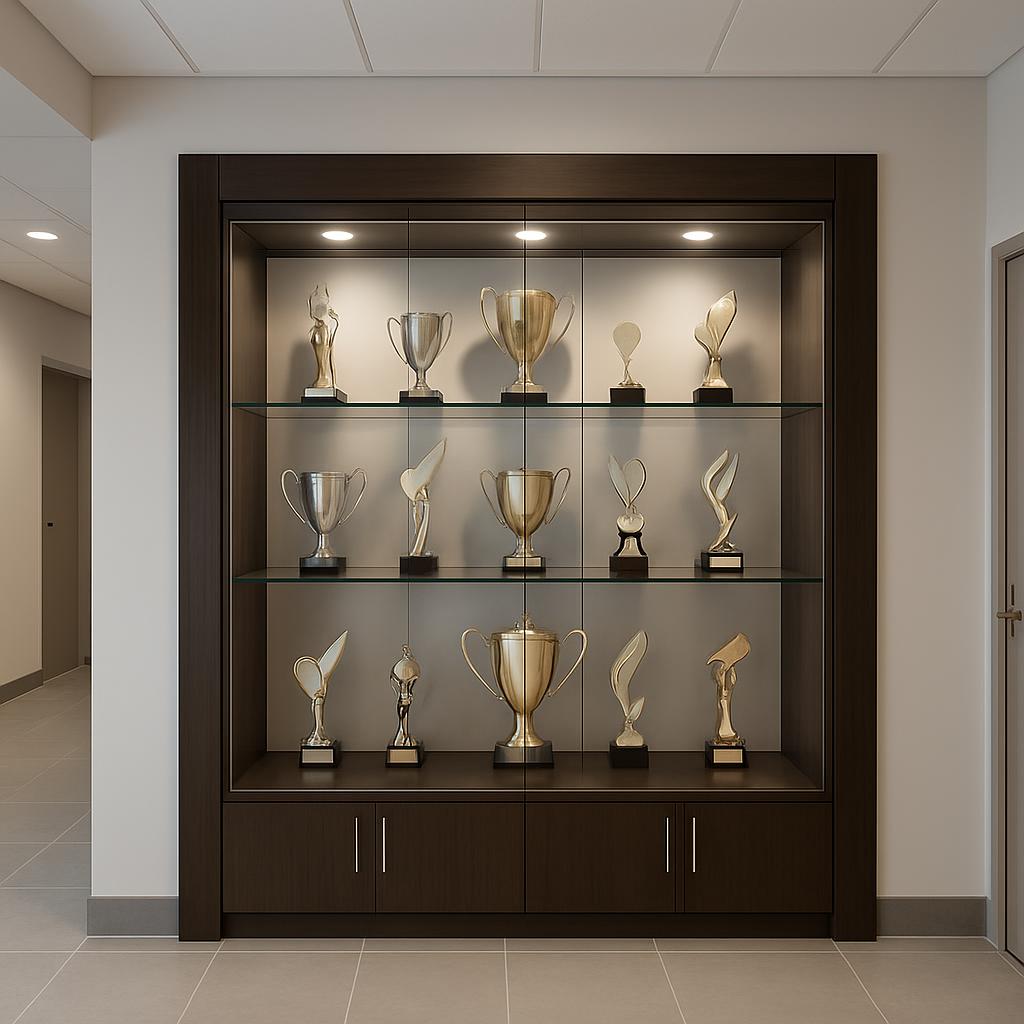 A collection of silver and gold trophies displayed on glass shelves in a dark wooden case.
